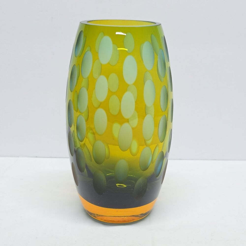 Vintage MCM Abstract Art Glass Vase Green & Amber Frosted Thumbprint